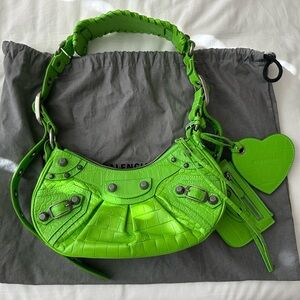 Balenciaga LE CAGOLE Neon Green Croc-Embossed Shoulder Bag